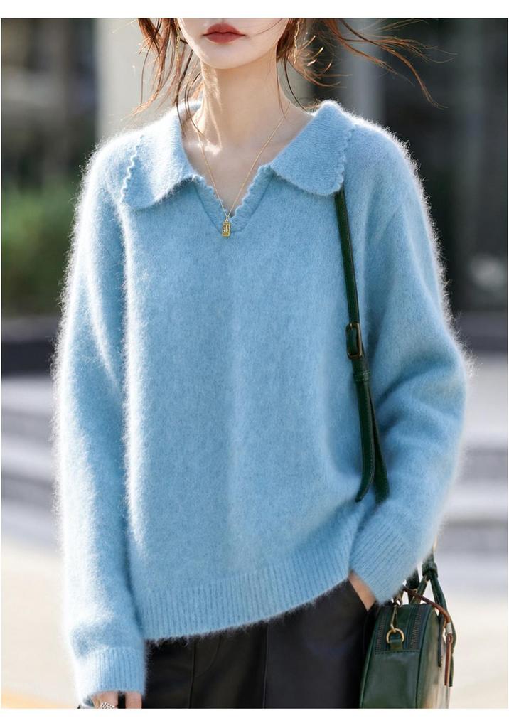 2026 A/W Women's Cashmere Wool Lapel Knit Sweater - Soft Brushed Solid Color, Long Sleeve