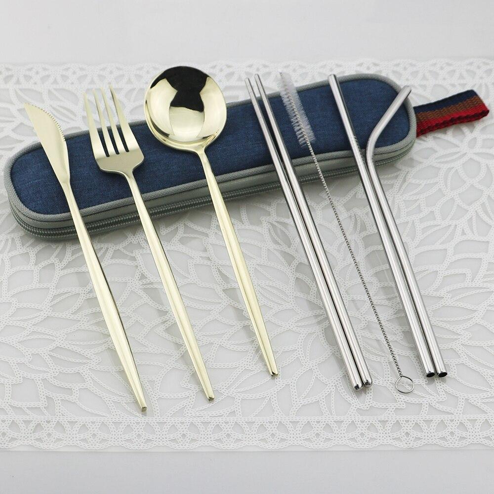 8pc Portable Shiny Gold Travel Flatware Set With Portable Blue Bag Stainless Steel Dinnerware Set Spoon Fork Knife Cutlery Set With Chopsticks Straws