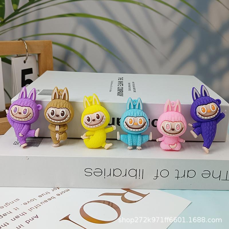 6 stk Yoga Labubu Nøkkelring 3D Dukke Labubu Ryggsekk Anheng