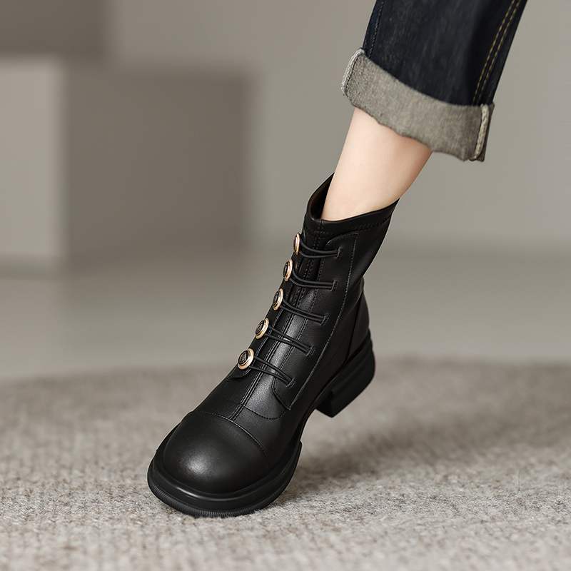 Krazing Pot Podzimní zimní boty z hovězí kůže s kulatou špičkou Kovové zapínání Silný střední podpatek Zip Chelsea Boots Dámské kotníkové boty