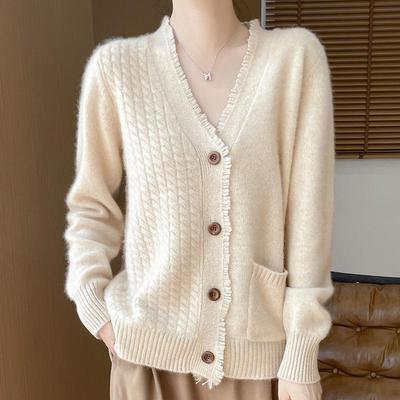 Women's Wool Buttoned Fringe Cardigan - Soft Fluffy V-Neck Knit Sweater, Loose Fit Autumn/Winter Style.