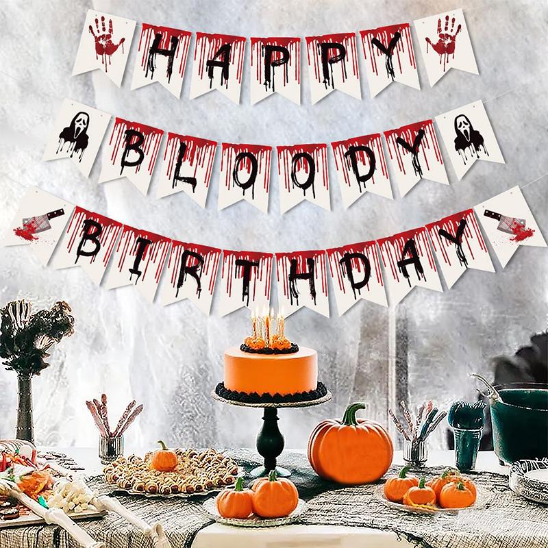1 Set Happy Birthday Garland with Blood Home Hanging Decorations Party Supplies Halloween Birthday Banner Halloween
