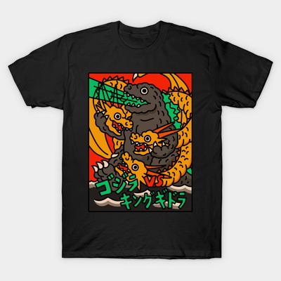 Asian Size Men Print T-shirt Godzilla Vs King Ghidorah No-Cut Heat Transfer Print Cotton Tshirt