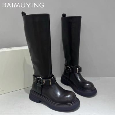 Women High Boots Platform Flats Leather Shoes Woman  Trend Winter Goth Snow Gladiator Punk Knee High Motorcycle Botas Mujer