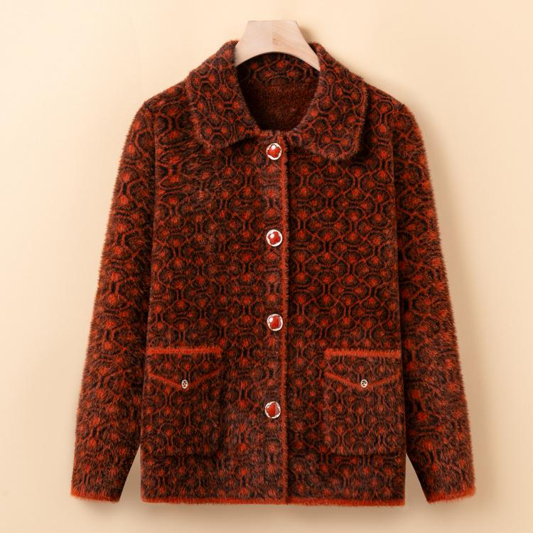 Middle-aged Mother Imitation Mink Wool Knitted Jacket Middle-aged and Elderly Women's Thickened Large-size Sweater Jacket Old Lady Clothes