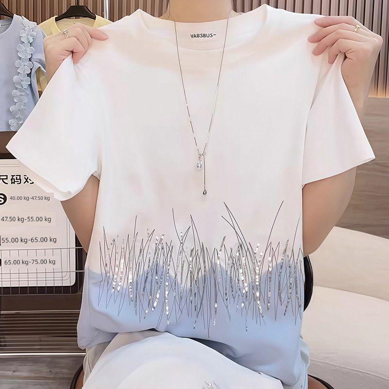 

Pure Cotton White Heavy Embroidery Sequins Short-Sleeved T-shirt for Women 2025 Summer New Arrival Plus Size Plus Size Ladies Loose Casual Top Tide White M [Suggested 40.00 kg-50.00 kg]]