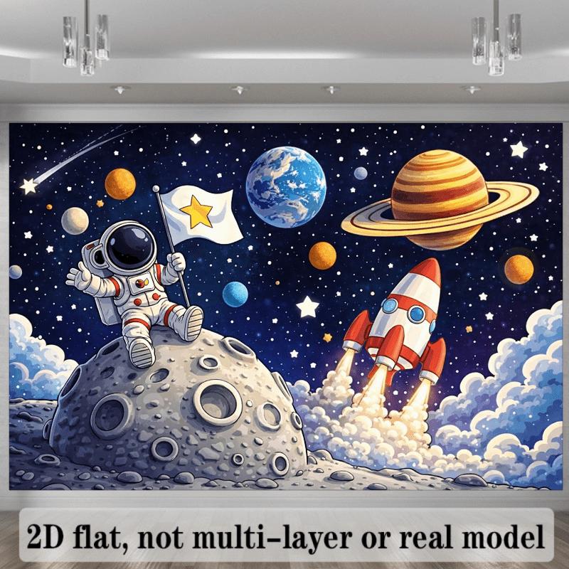 Home and event-themed 2D background wall - Astronaut rocket planets moon and starry sky decoration