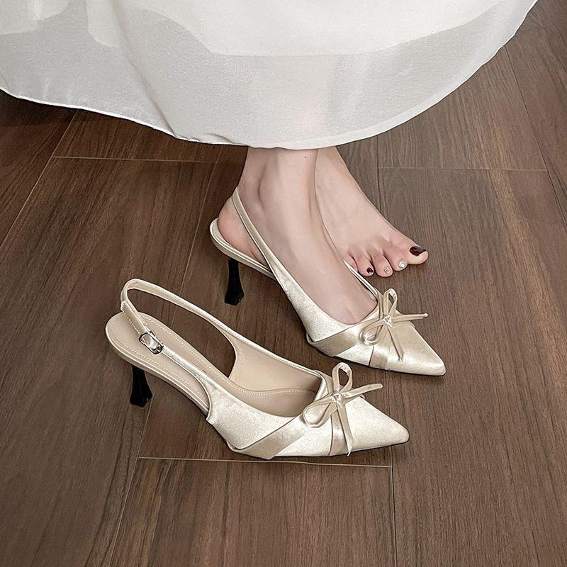 Pointed thin heel French bow high heel single shoes 2025 spring and summer new fashion bag head sandals women's summer outer wear