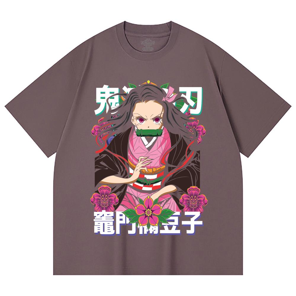 230 Gsm 100% Cotton Demon Slayer V70 Nezuko Flower Print Unisex Heavy Cotton T Shirt