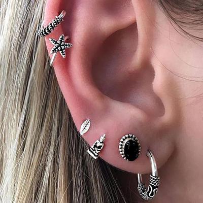 6 Pair Women Bohemian Style Pentagram Leaves Earring Set