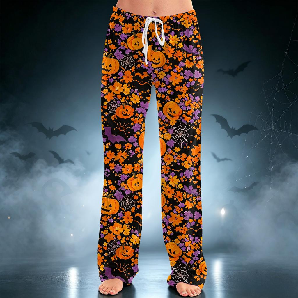 Women's Halloween Print Drawstring Wide Leg Pants for Casual Home Wear