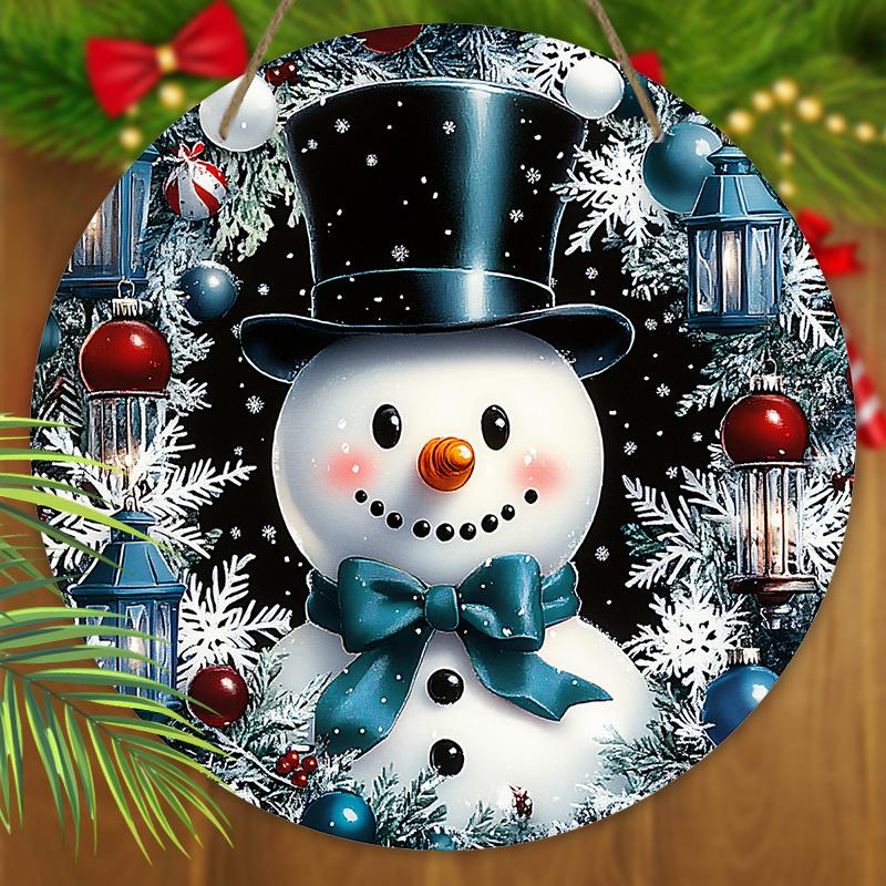 Wooden Christmas Sign with Top Hat Snowman Pattern, Cute Winter Wonderland Round Sign for Front Door Wall Hanging Decor, Ideal Christmas Gift