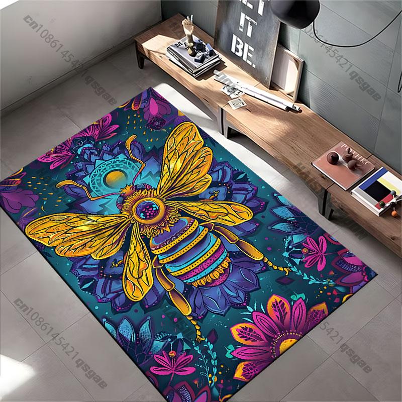 Vibrant bee surrounded by flowers carpet Yoga living room room decor children's crawling mat doormat area rug games mat