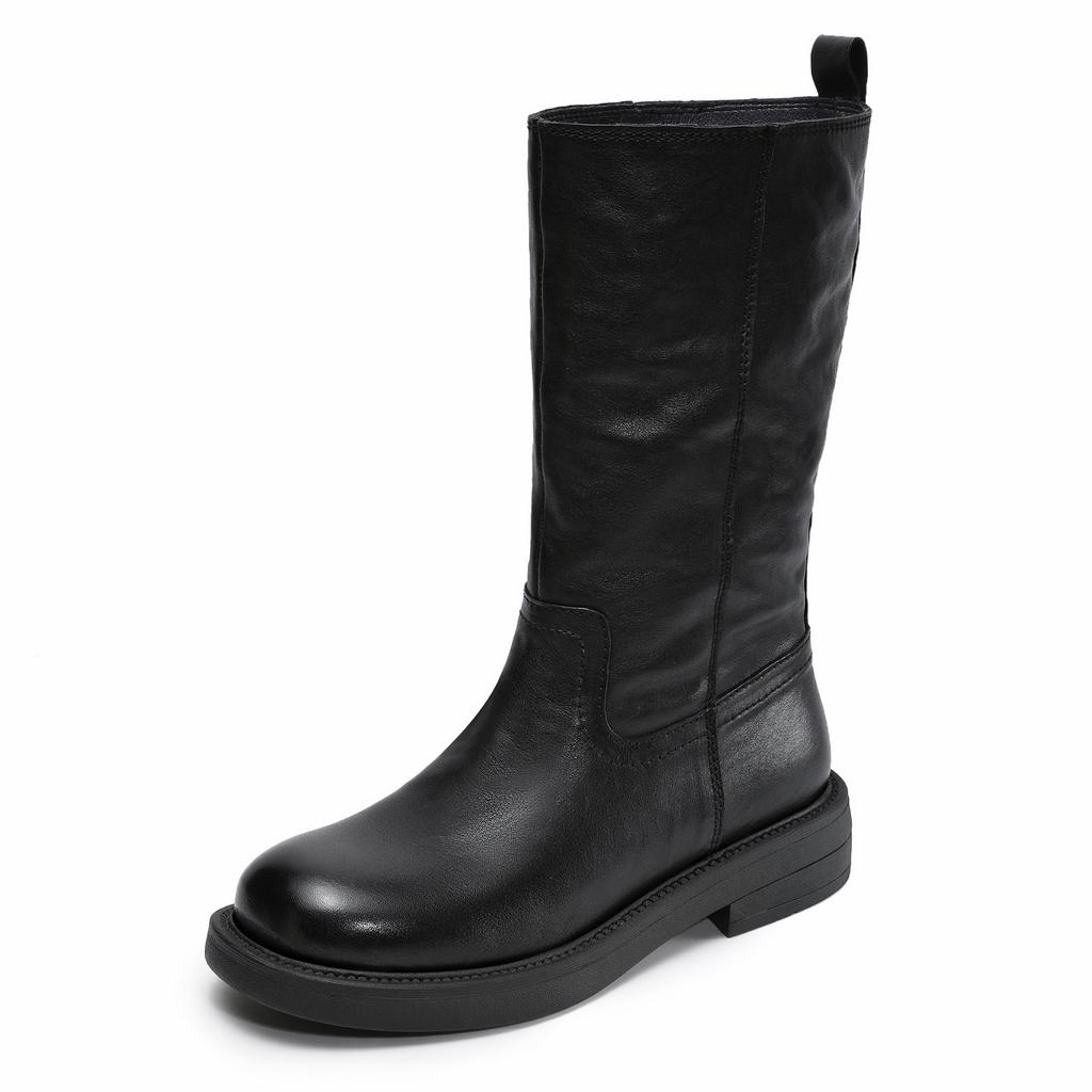 Light Luxury Hand Grab Retro Medium Boots Winter Leather Wide Knight Boots Straight British Fleece Boots