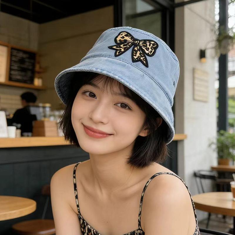 

Bucket hat female leopard print bow Japanese sunscreen basin hat student outdoor travel visor M（56-58cm）
