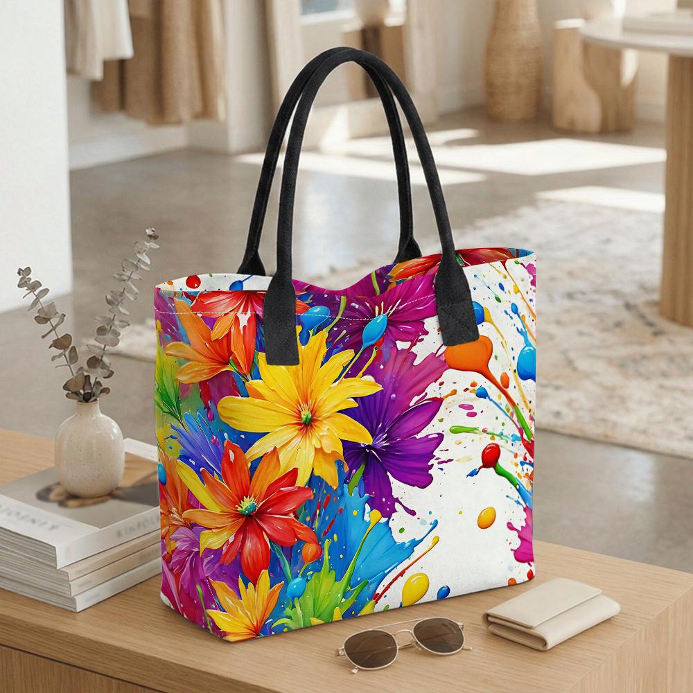  Colorful Floral Print Canvas Tote Bag Casual Large Capacity Shoulder Handbag for Daily Use