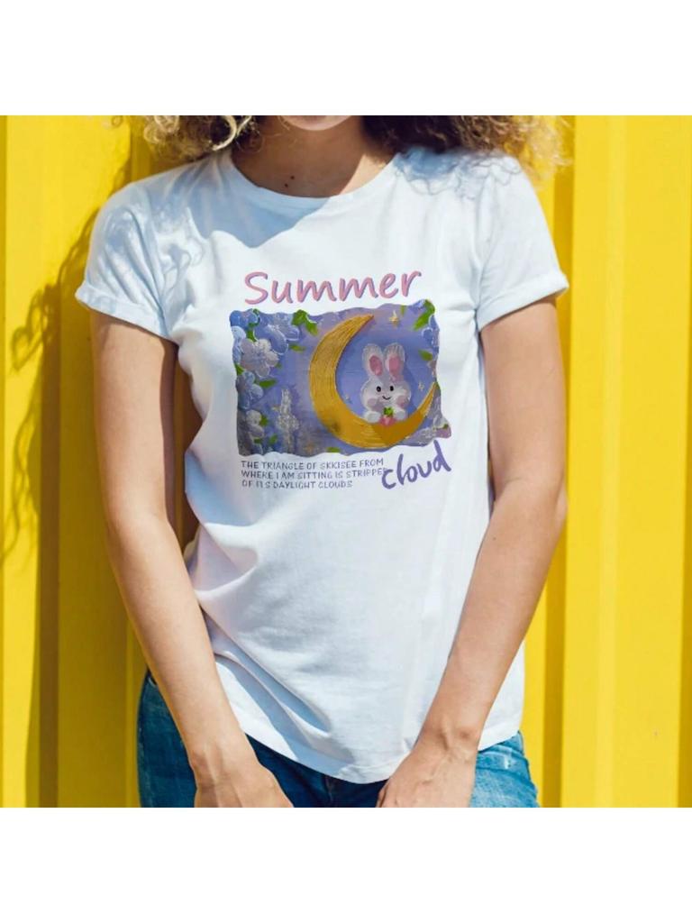 Summer Inspired Wounisex Short Sleeve Cotton T Shirt Moonlit Bunny Print For Casual Wear Young Wounisex With A Whimsical Style