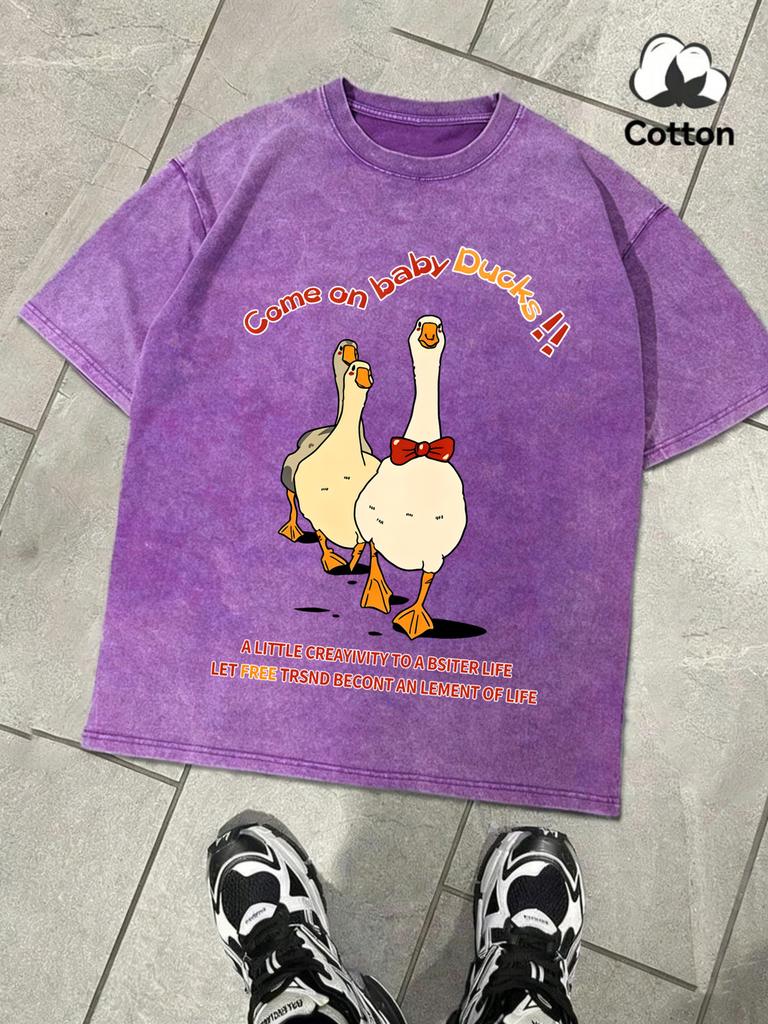 Come On Baby Duck Design Washed Mens TShirt Summer Casual Retro Cotton Top Snow Wash Tees Unisex Loose ONeck Streetwear