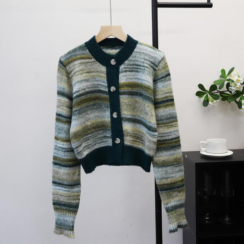 

Постепенно меняющий цвет полосатый короткий вязаный кардиган осень и зима новый дизайн чувство снижающий возраст свитер куртка женская One Size