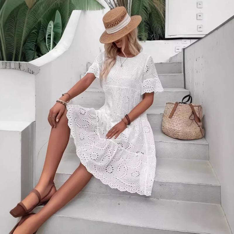 European and American fashion new wish hot sale solid color cotton embroidered lace hollow dress