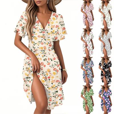 Women's Summer Fashion Floral Print Dress Casual Beach A-Line V-Neck Loose Sundress