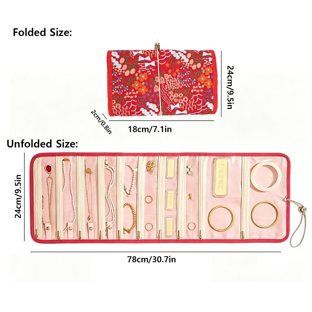Chinese Style Red Floral Embroidered Jewelry Roll, Anti-Tangle Travel Organizer for Necklaces & Bracelets