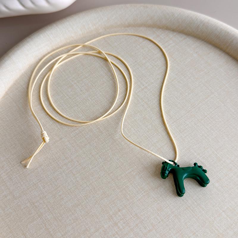Colorful Enamel Drip Glaze 3D Horse Pendant Necklace - Cute Summer Childlike Choker with Casual Knotting Hoodie Chain