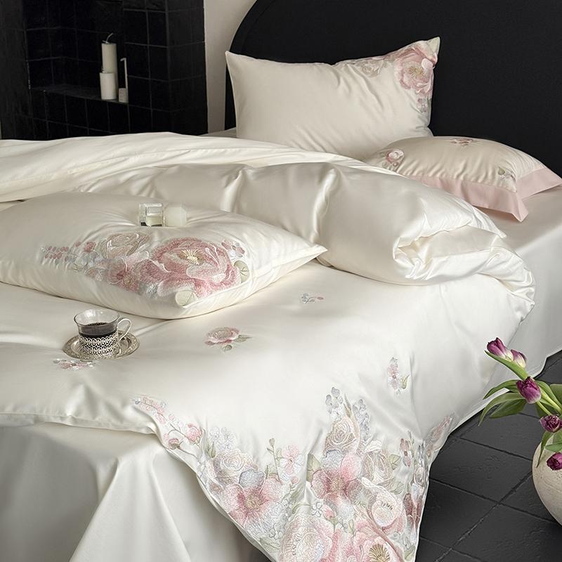 Flowers Embroidery Luxury Bedding Set Egyptian Cotton Single Queen King Size Duvet Cover Flat/Fitted Bed Sheet Pillowcases 3/4Pc