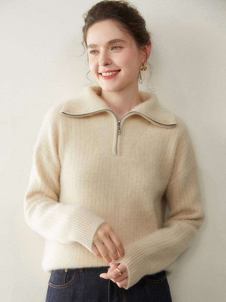 Women's Cashmere Stand Collar Zipper Sweater - Loose Fit Pullover & Cardigan