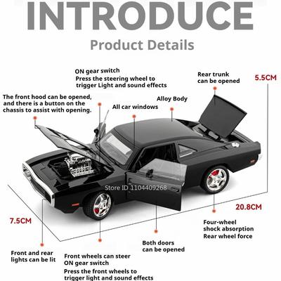 1:24 Charger SRT Hellcat Toy Car Model Wheel Steering Shock Absorption Sports Cars Models Toys Collectible Item for Kids