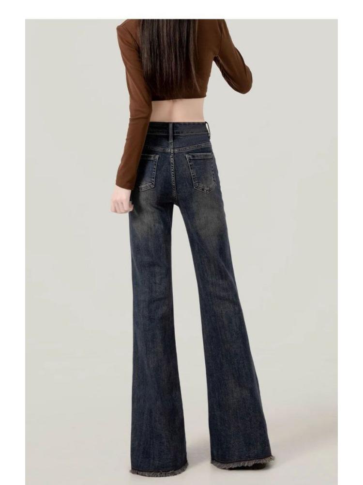 Dżinsy Micro Flare Raw Edge w Dużym Rozmiarze Damskie Wiosenne Dla Niskich Osób Elastyczne z Wysokim Stanem Cienkie Długie Spodnie Jeansowe dla Kobiet Długie Spodnie Denimowe