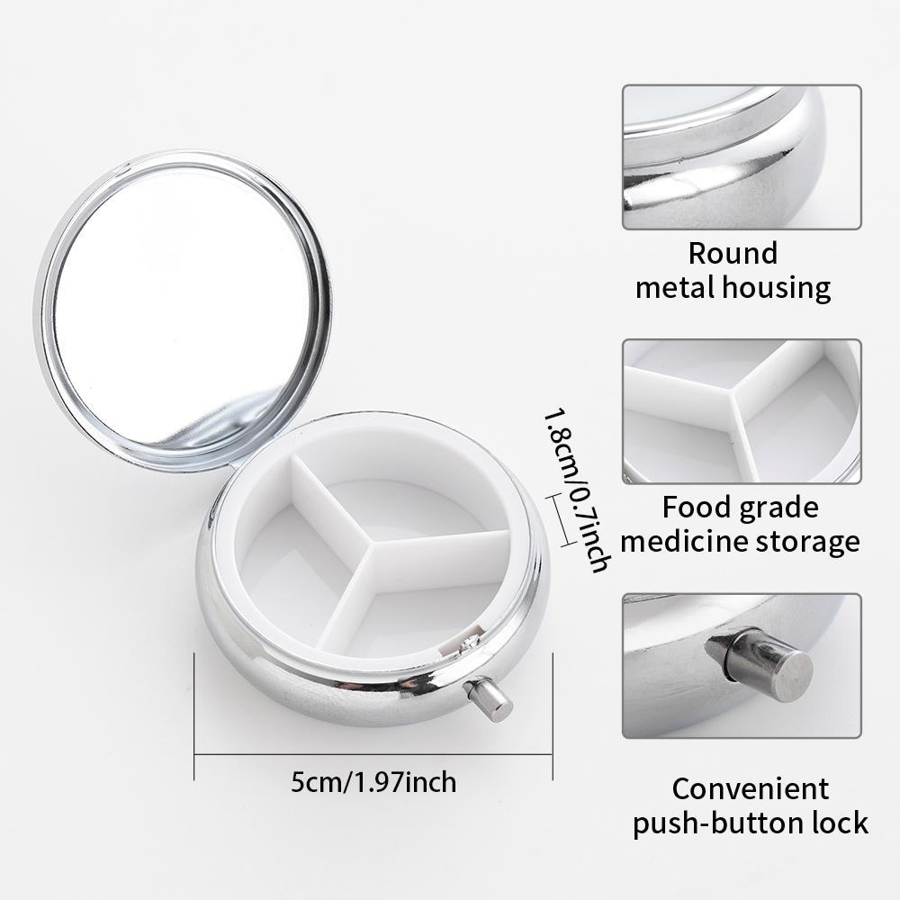 Tragbare Pillendose mit 3 Fächern, Mini-Metall-Medikamenten-Organizer-Etui, Niedlicher bedruckter Pillenbehälter für Vitamine, Pillen, Schmuck, Reisen, Tägliche Anwendung