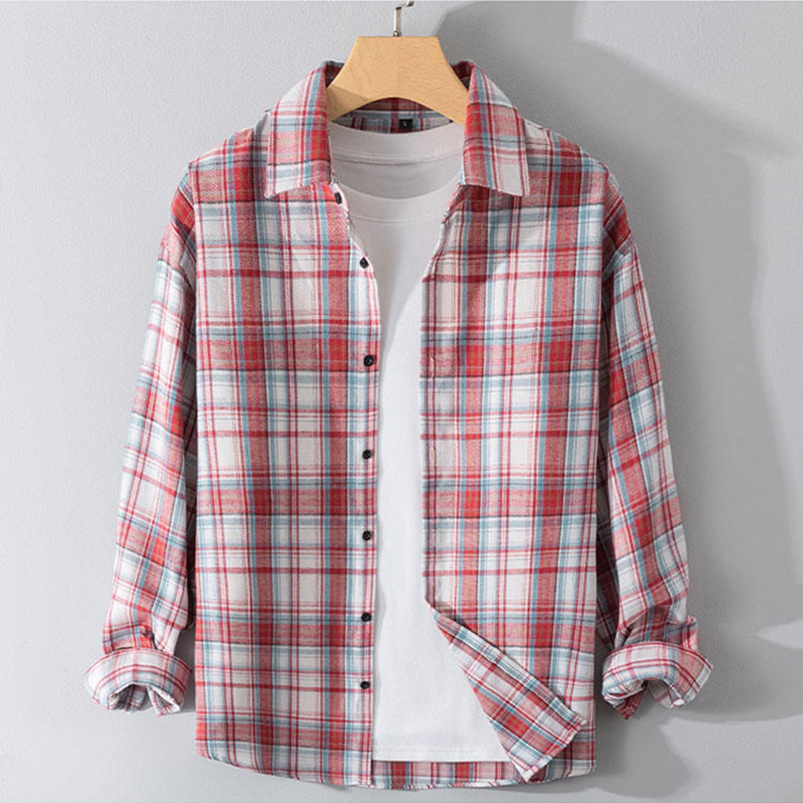 

Мужская осенняя повседневная свободная клетчатая рубашка с длинным рукавом на пуговицах M красный