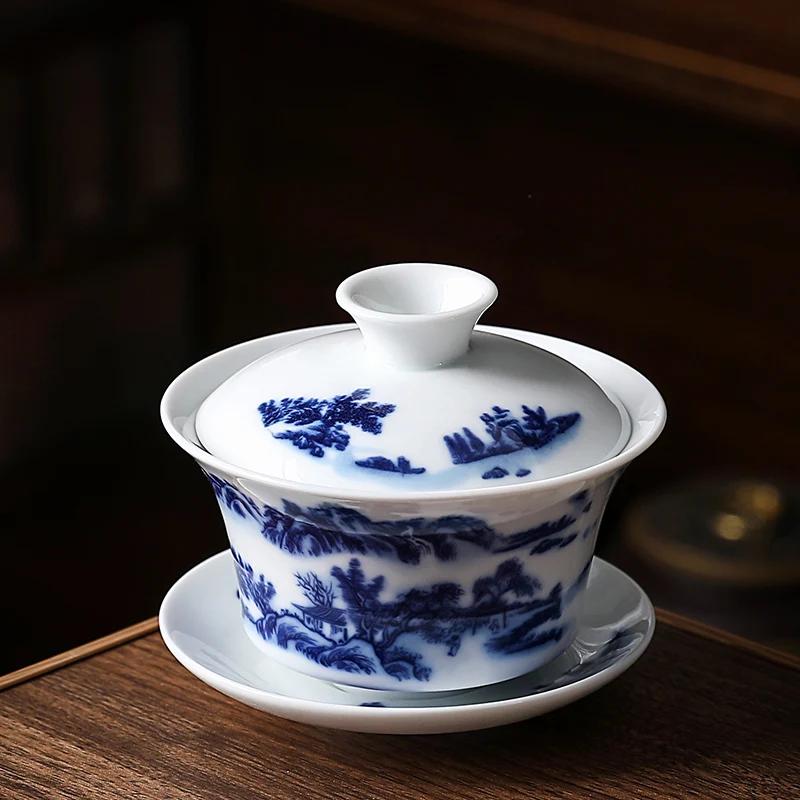 Chinese Blue And White Porcelain Gaiwan Portable Travel Tea Bowl Home Ceramic Teacup Handmade Teaware Personal Single Cup 140Ml