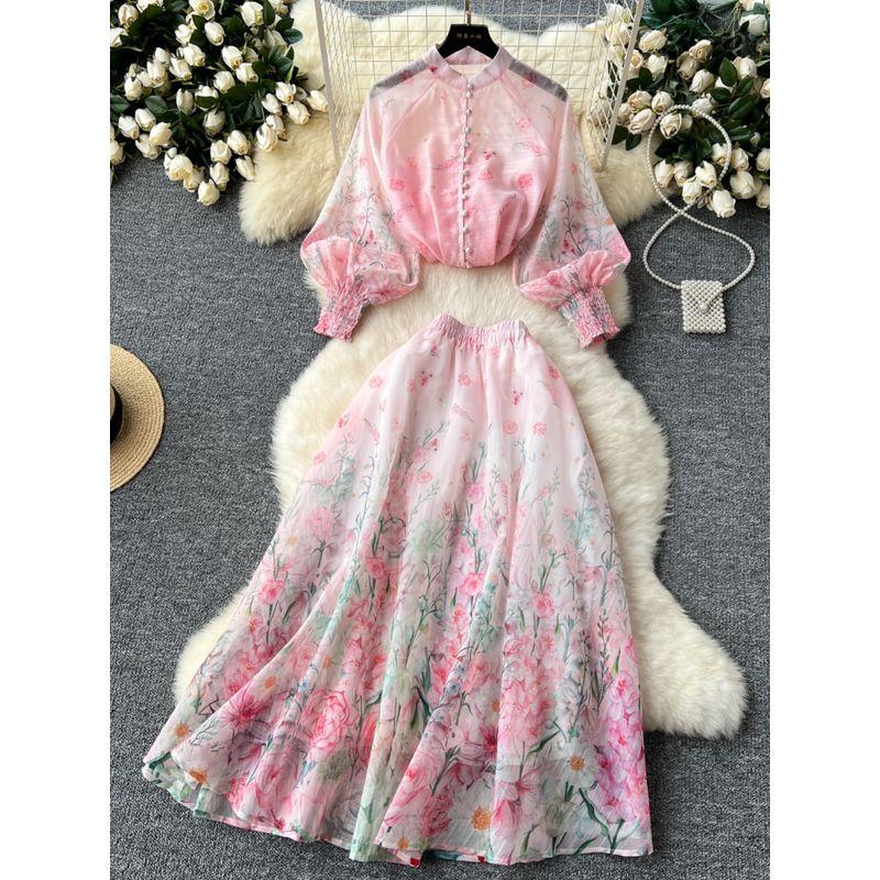 Fashion Style Women's Clothing Two-piece Set Socialite Elegant Lantern Sleeve Breasted Silm Tops High Waist Print Mesh Skirt