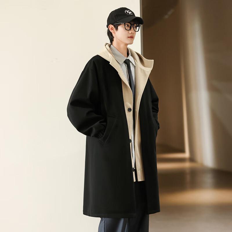 ROMON Men's Thickened Hooded Faux Two-Piece Mid-Length Trench Coat