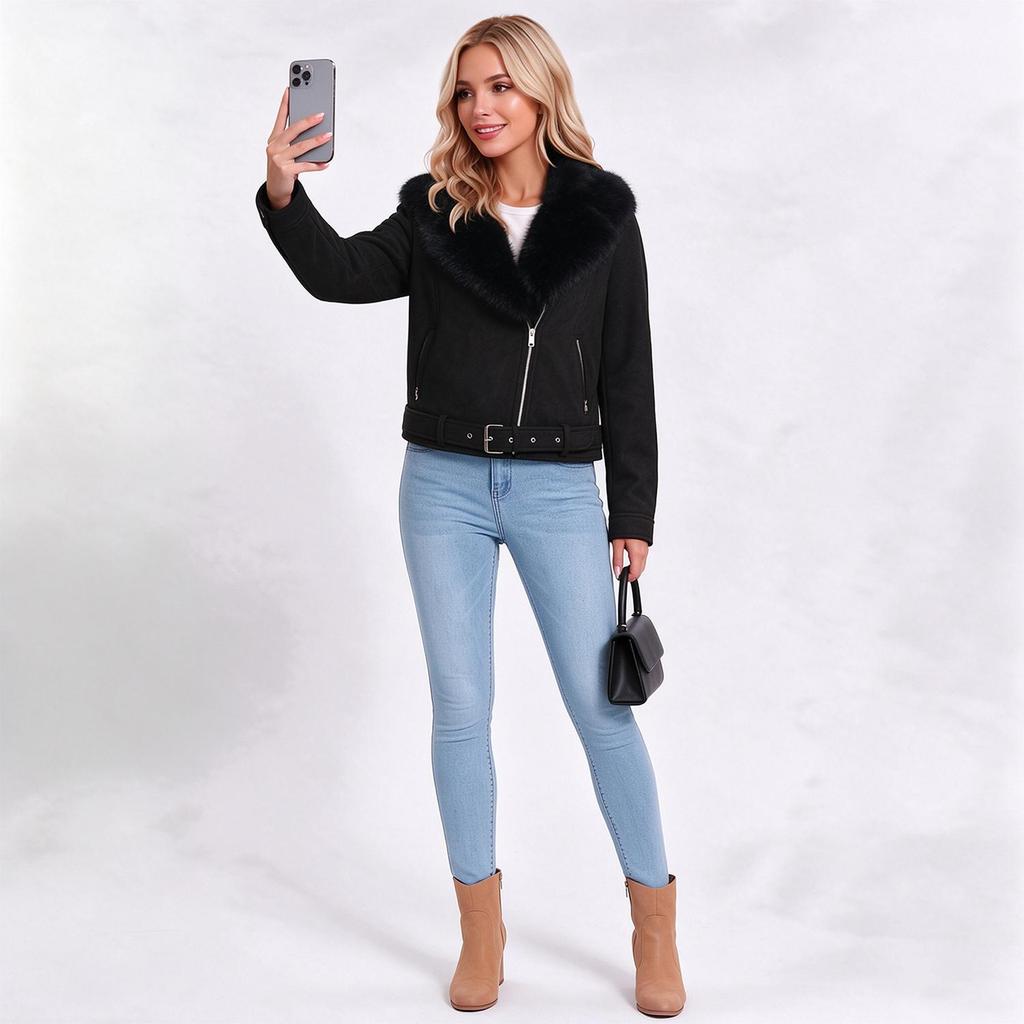 Women’s Faux Fur Coats 2 Way Wear Outfit Detachable Fur Collar Zipper Jacket Matte Faux Suede Crop Top Stylish Motobike Wear