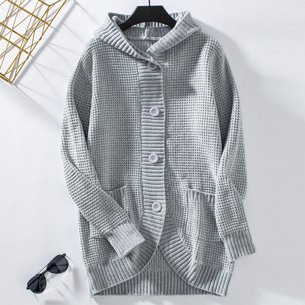 Long Sleeve Hooded Knit Cardigan Sweater Women Vintage Loose Button Front