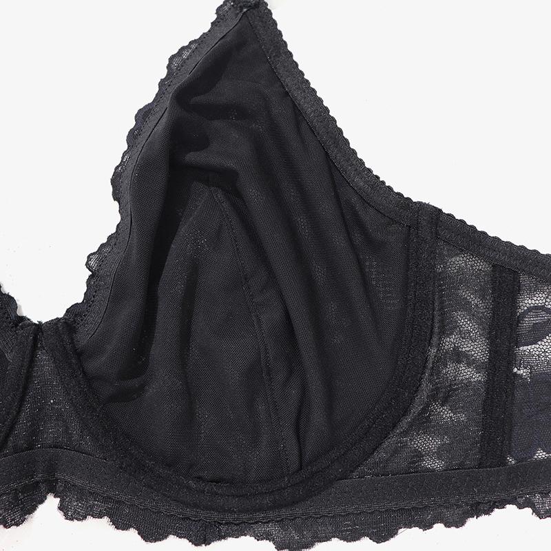 Woman Plus Size Bra Black White Floral Lace Underwear with Wire Ultra Thin Breathable Lingerie 38D 40D 42D 44D 40C 42C 44C Full Cup