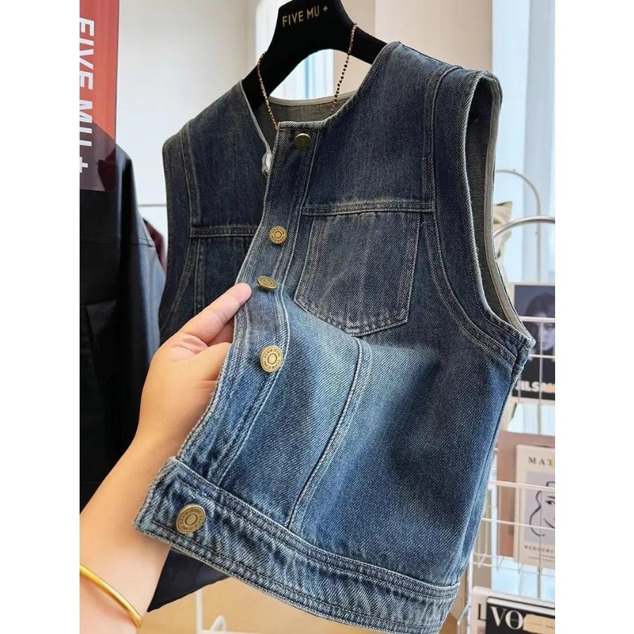 Vintage Women Denim Vest Jacket 2026 Spring Summer Sleeveless Casual Top Blue Jean Waistcoat Coat Lady Oversize Pocket Outerwear
