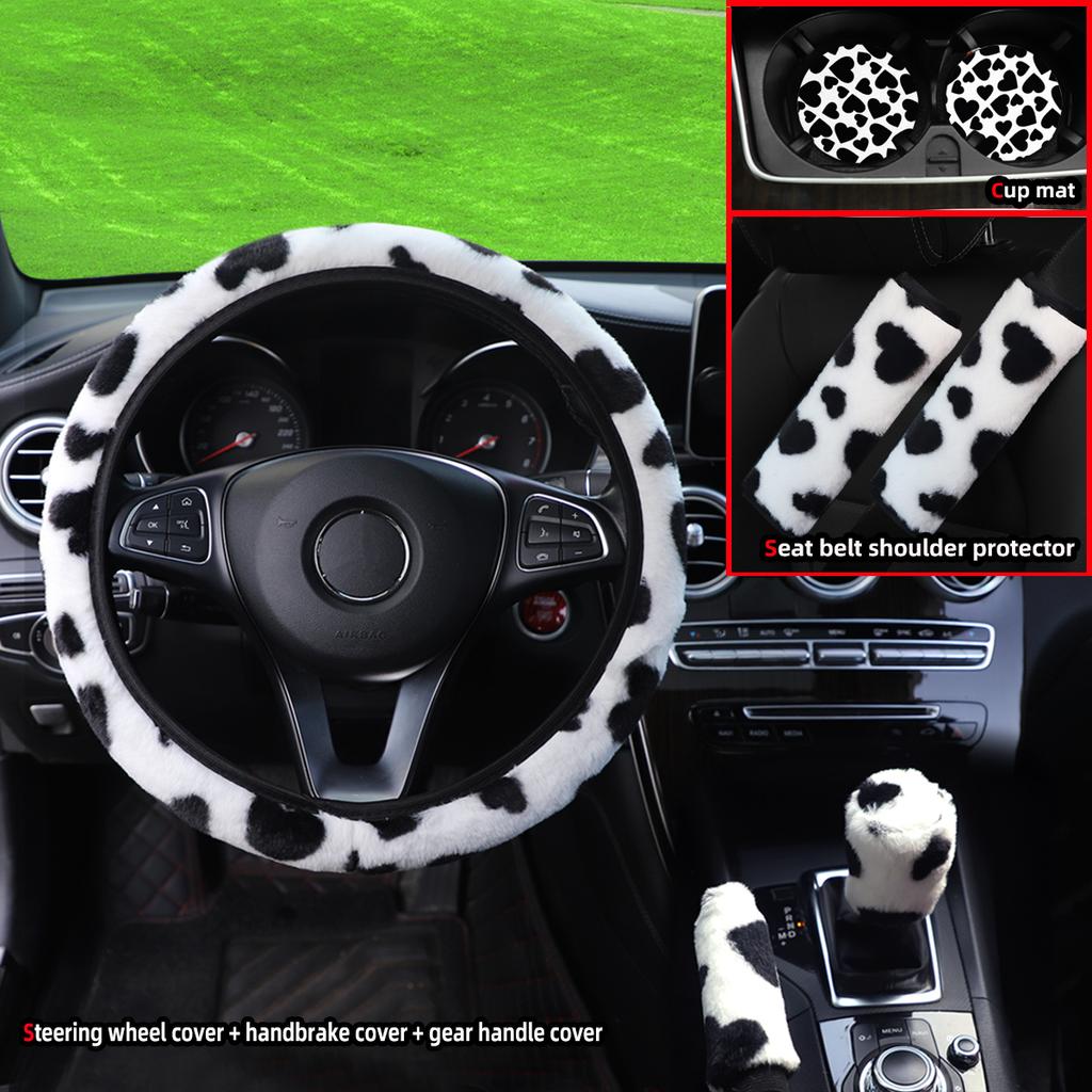 Love Plush 7-piece Car without Inner Ring Steering Wheel Cover Shoulder Cover Handbrake Cover Cover Handle Cover Accessories
