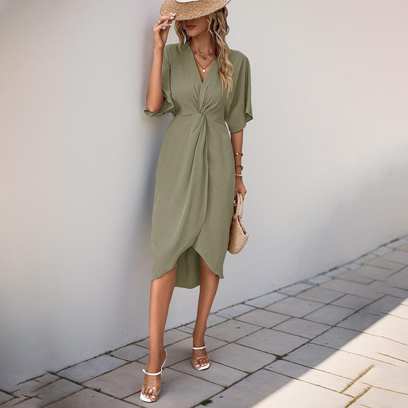 

New European and American women s clothing with shoulder sleeves and solid color irregular dress XL армія зелений колір