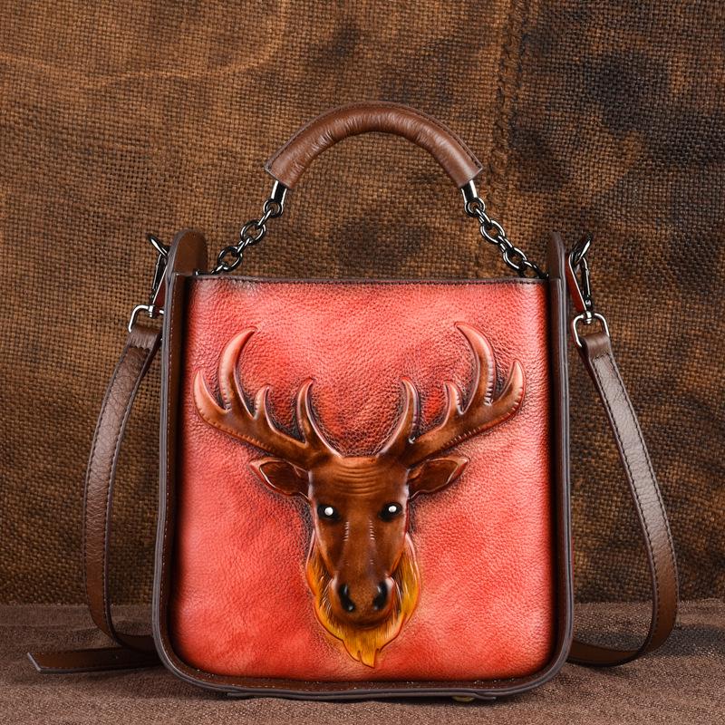 First Layer Cowhide Leather Retro High-end Trend Export European and American Hand-held Diagonal Cross Bag Women's Bucket Bag