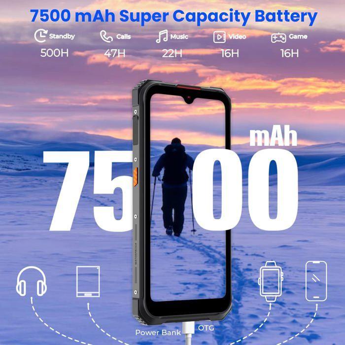 Smartphone Robuste HOTWAV Cyber 9 Pro 8Go+128Go 6,3" 7500mAh Triple Caméra 48MP Téléphone Portable Android 11 4G NFC/OTG/GPS Noir
