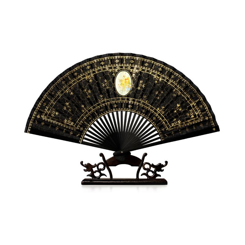 

Складной веер черный золотой хлопок лен цветок вышивка бамбуковая ручка ретро антикварная одежда аксессуары ципао китайский стиль чёрный