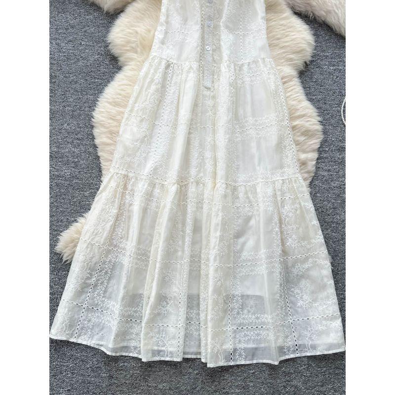 Retro Palace Style Sleeveless Dress Women Summer Jacquard Hollow Loose Meat Covering Design Sense Immortal Big Hemline Long dress