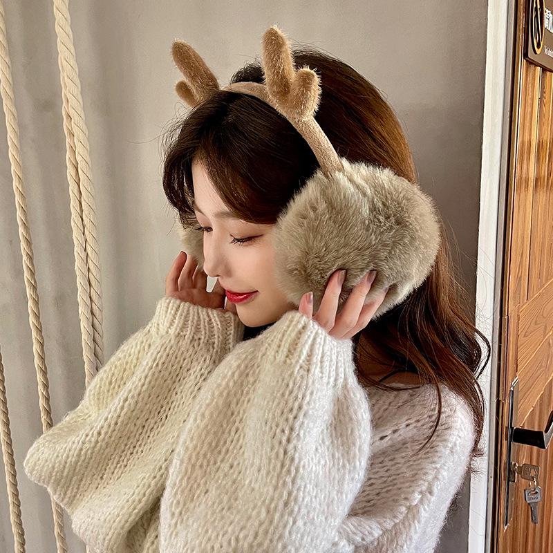 Autumn and winter antler reindeer earmuffs foldable plush thickened warm windproof outdoor portable earbags