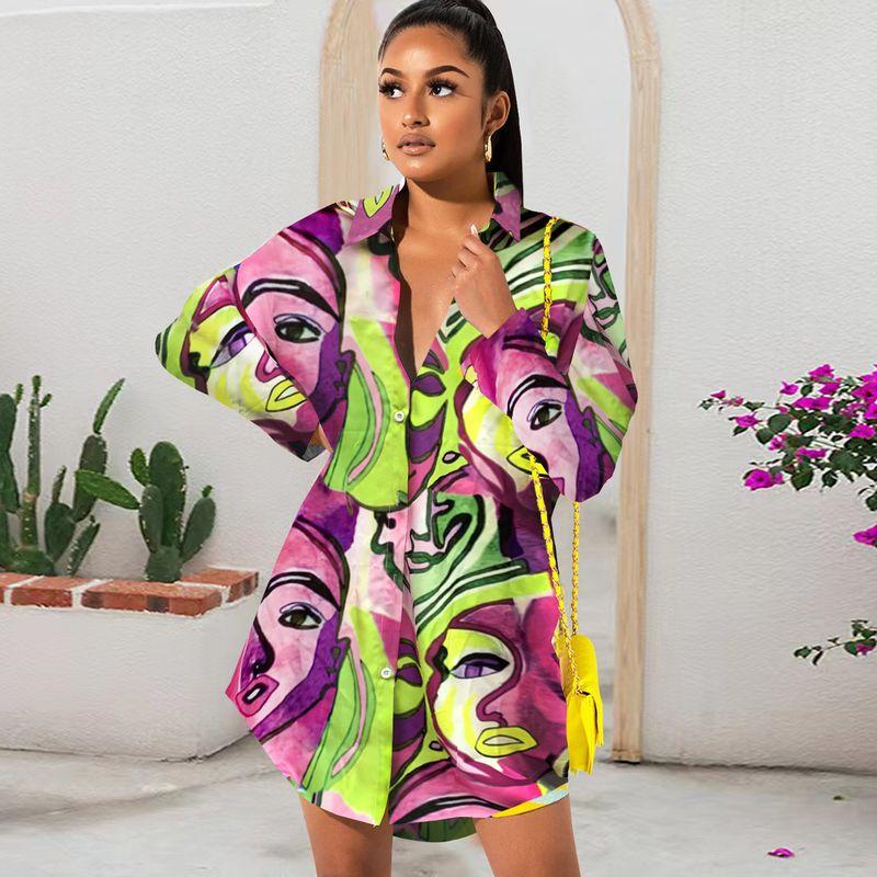 

European and American Commuters Polo Collar Single-Breasted Figure Fashion Print Mid Length Long Length Loose Casual Top Shirt Shirt Shirt Color 9 2XL