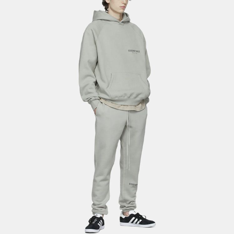 Fear of God Essentials Fleece Pullover Hoodie With Solid Color Logo Unisex Tops Green Concrete FOG-FW21-107