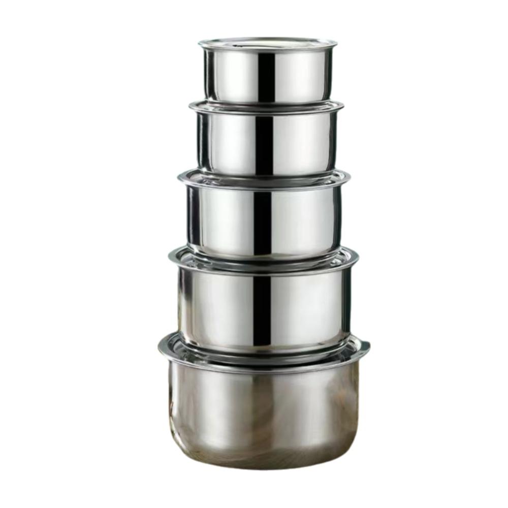 5Pcs Rustproof Stainless Steel Soup Pot With Lid Salad Bowl Lard Basin Stock Pot Set  Food